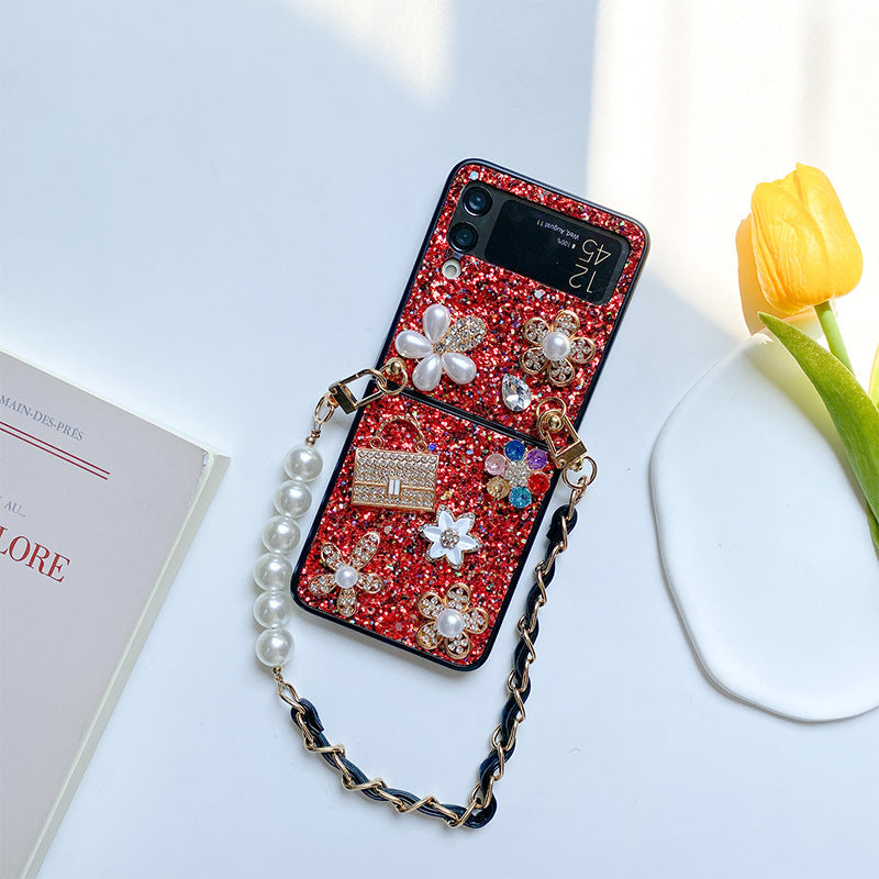 Female Flower Sequin Rhinestones Pearl Foldable Screen Flip Phone Case