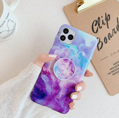 Compatible with Apple, Simple retro flower marble pattern for IPHONE with the same paragraph telescopic bracket silicone soft shell
