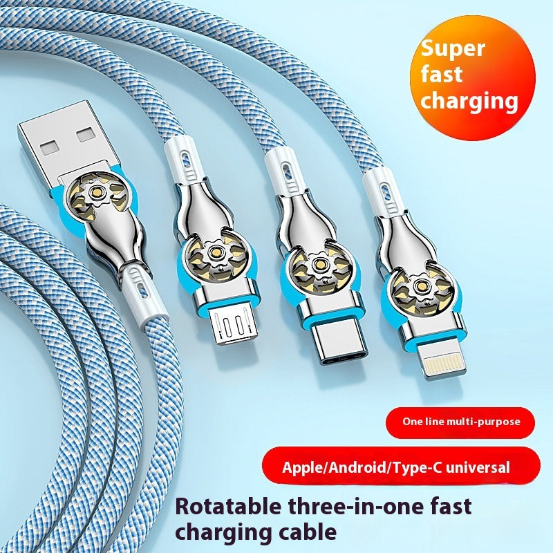 Three-in-one Double Bend Rotating Fast Charge Data Cable One-to-three Mobile Phone Charging Cable