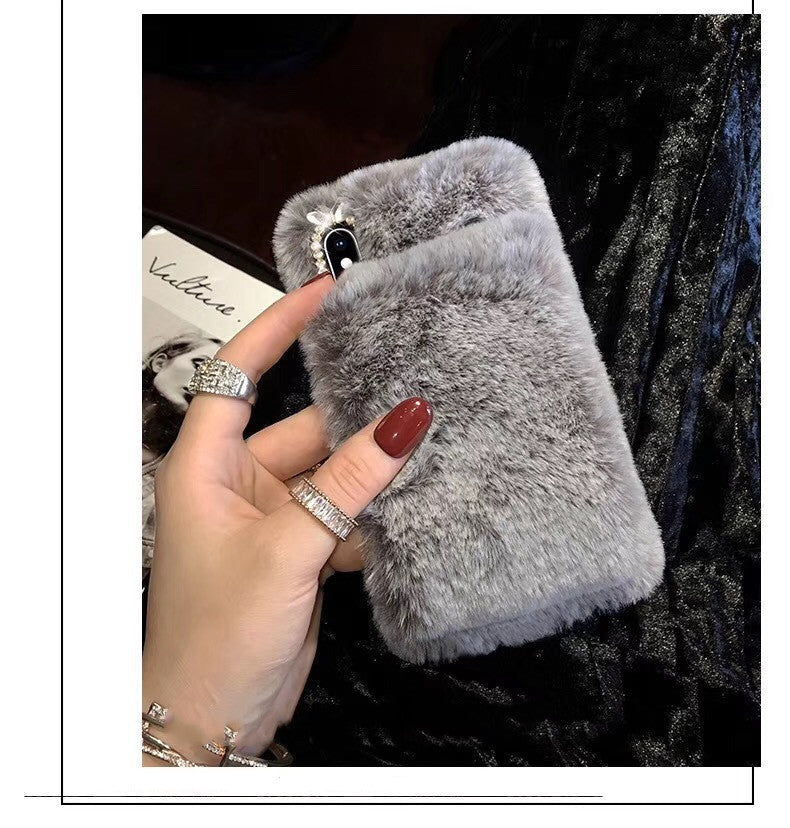 Compatible with Apple , Warm rabbit plush wristband phone case