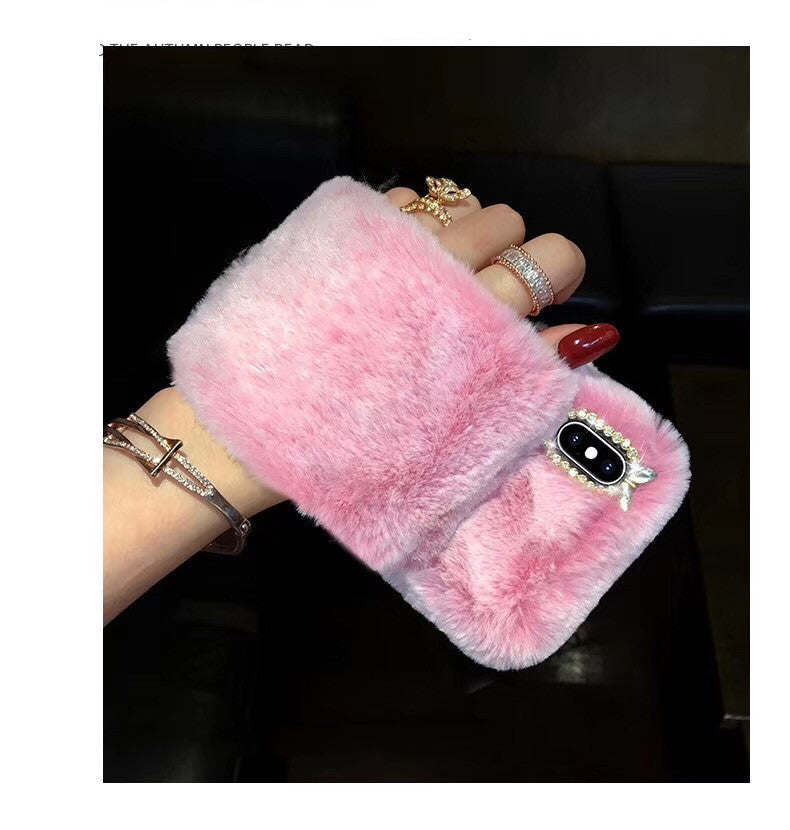 Compatible with Apple , Warm rabbit plush wristband phone case