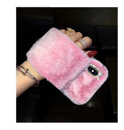 Compatible with Apple , Warm rabbit plush wristband phone case