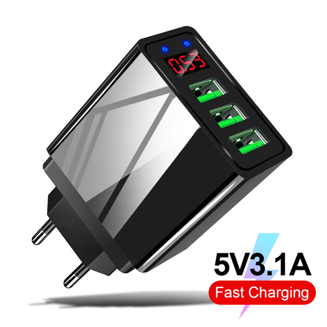 LED Display EU 3 Port USB Charger 3A