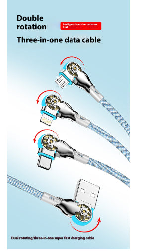 Three-in-one Double Bend Rotating Fast Charge Data Cable One-to-three Mobile Phone Charging Cable