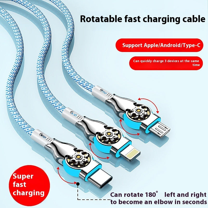 Three-in-one Double Bend Rotating Fast Charge Data Cable One-to-three Mobile Phone Charging Cable