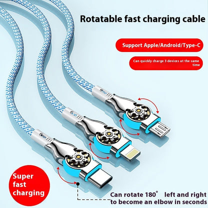 Three-in-one Double Bend Rotating Fast Charge Data Cable One-to-three Mobile Phone Charging Cable