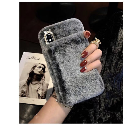 Compatible with Apple , Warm rabbit plush wristband phone case