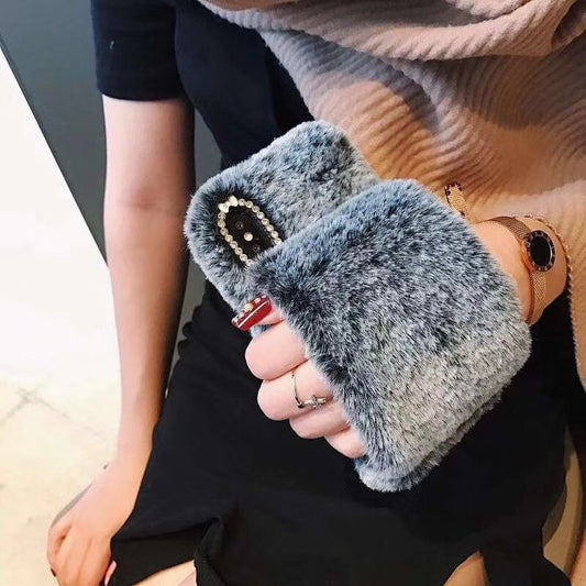 Compatible with Apple , Warm rabbit plush wristband phone case