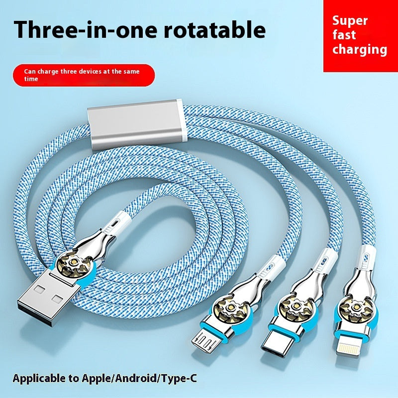 Three-in-one Double Bend Rotating Fast Charge Data Cable One-to-three Mobile Phone Charging Cable