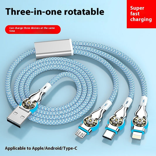 Three-in-one Double Bend Rotating Fast Charge Data Cable One-to-three Mobile Phone Charging Cable