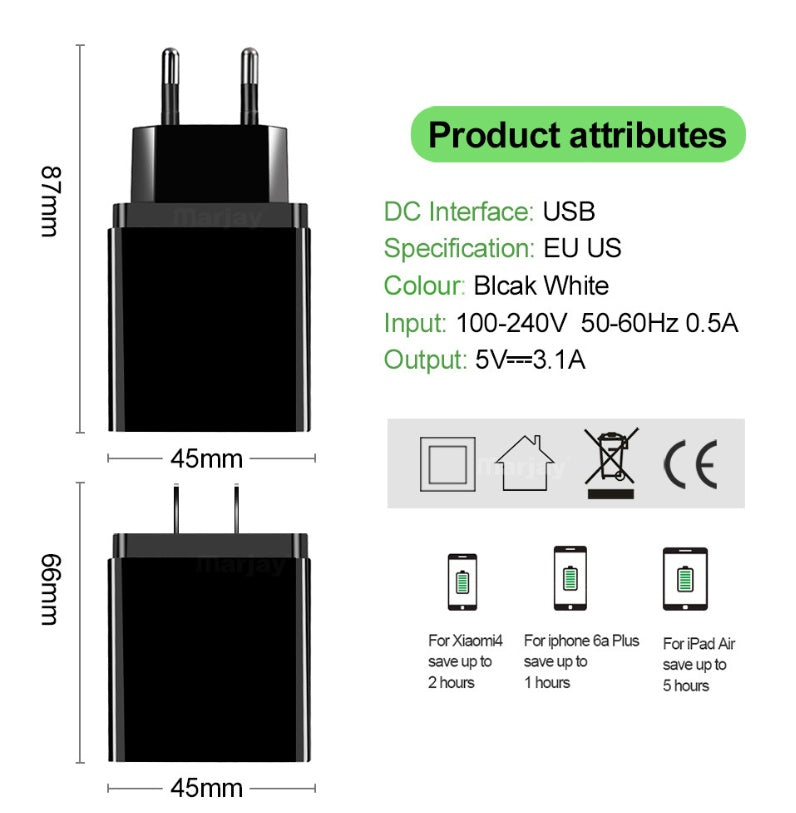 LED Display EU 3 Port USB Charger 3A