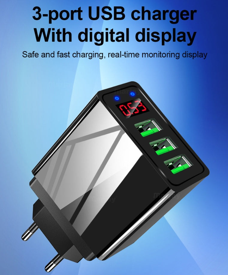 LED Display EU 3 Port USB Charger 3A