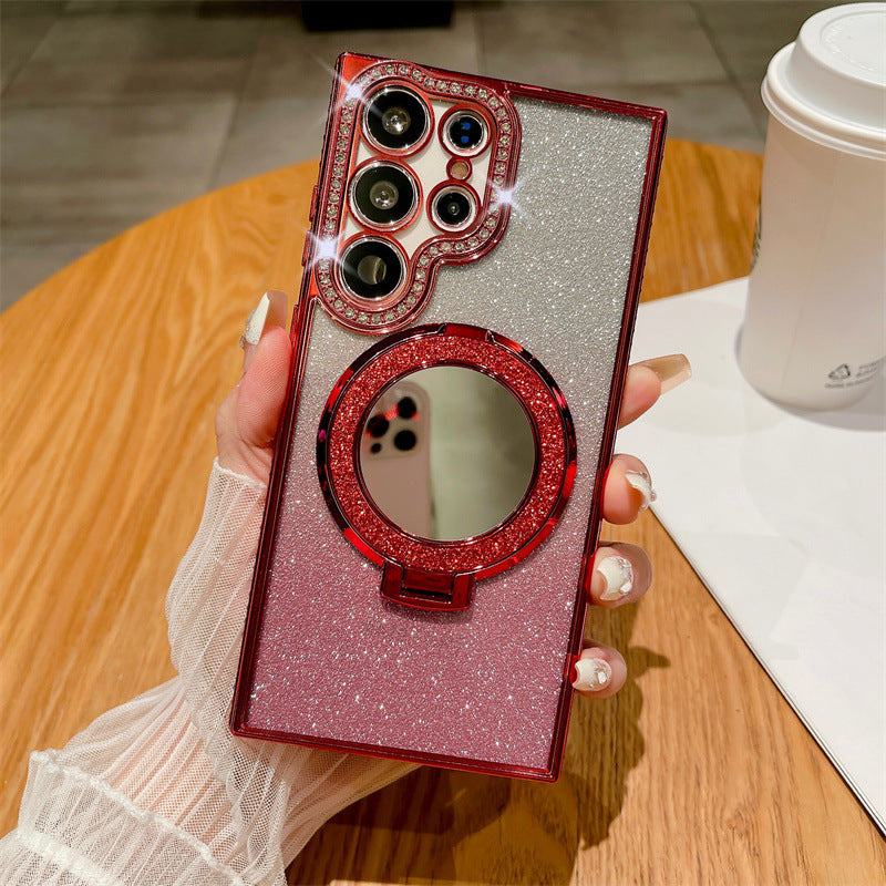 Rhinestone Glitter Magnetic Suction Mirror Bracket Drop-resistant Soft Case Phone Case