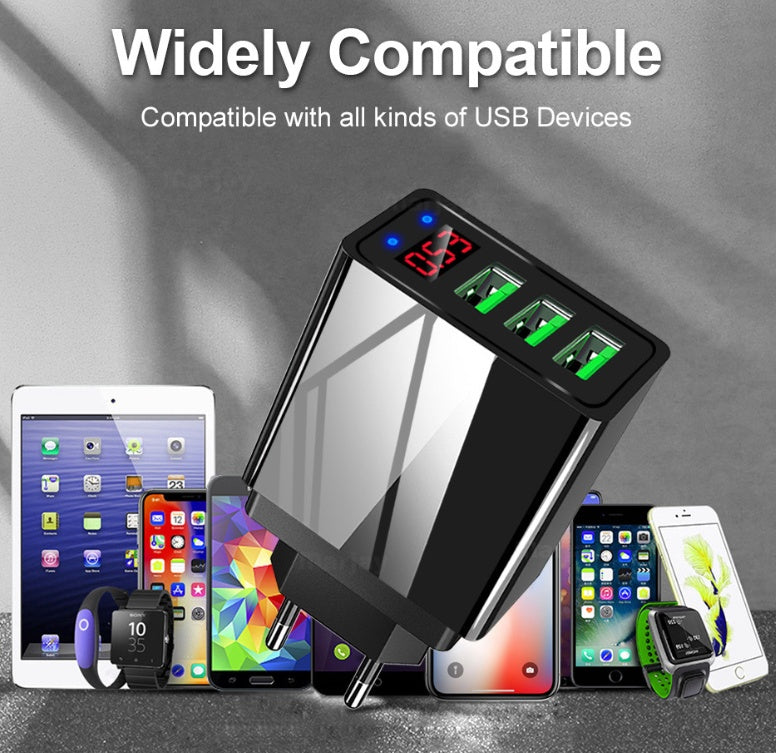 LED Display EU 3 Port USB Charger 3A