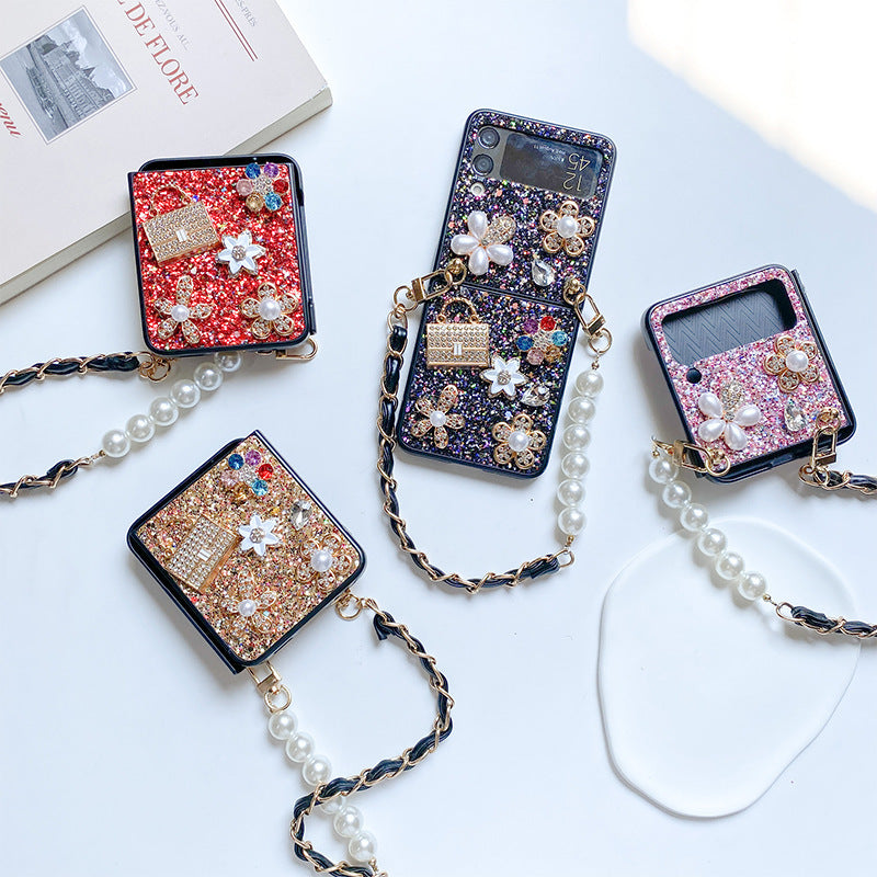 Female Flower Sequin Rhinestones Pearl Foldable Screen Flip Phone Case