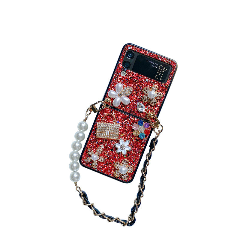 Female Flower Sequin Rhinestones Pearl Foldable Screen Flip Phone Case