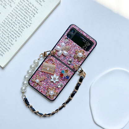 Female Flower Sequin Rhinestones Pearl Foldable Screen Flip Phone Case