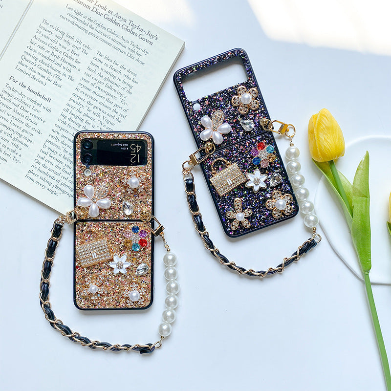 Female Flower Sequin Rhinestones Pearl Foldable Screen Flip Phone Case
