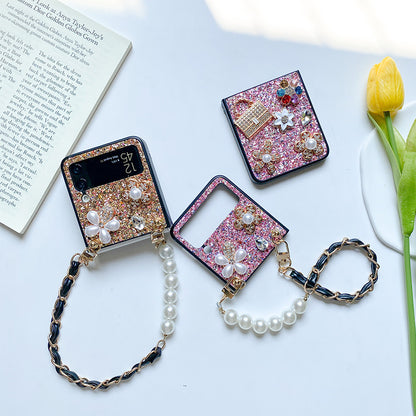 Female Flower Sequin Rhinestones Pearl Foldable Screen Flip Phone Case