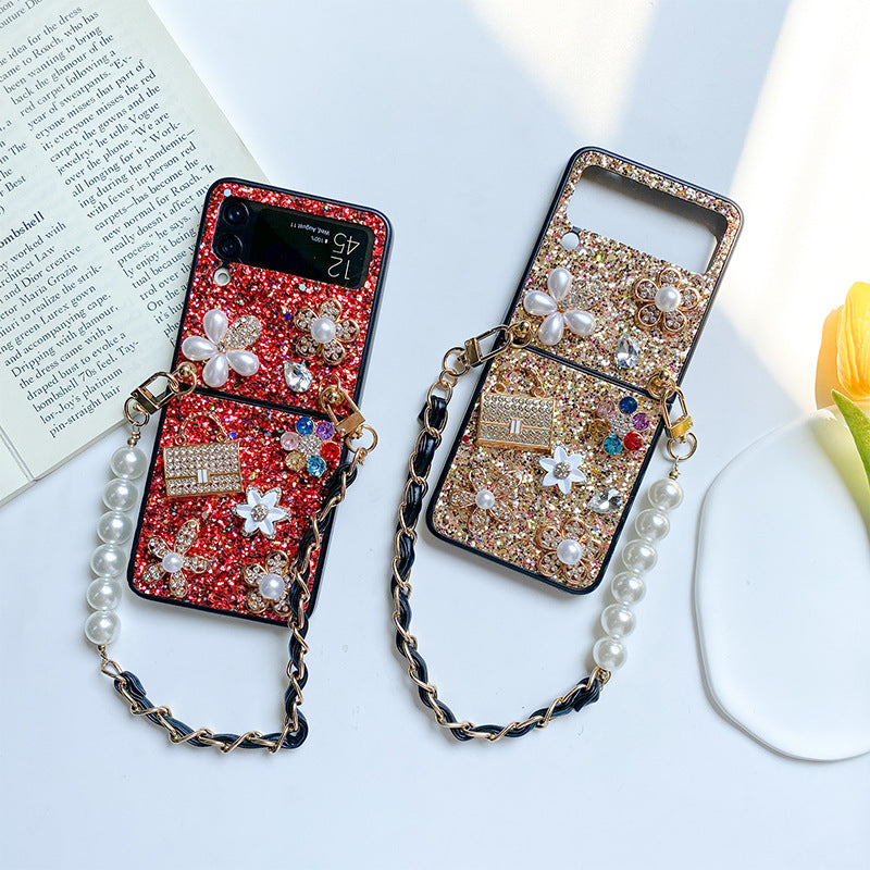 Female Flower Sequin Rhinestones Pearl Foldable Screen Flip Phone Case