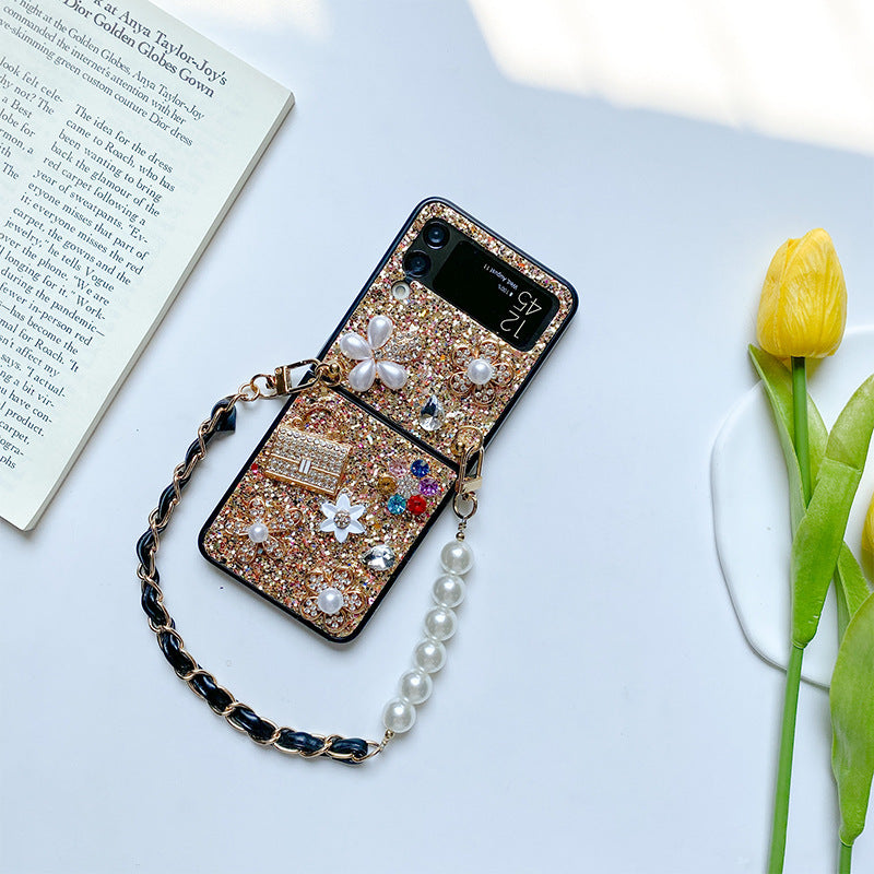 Female Flower Sequin Rhinestones Pearl Foldable Screen Flip Phone Case